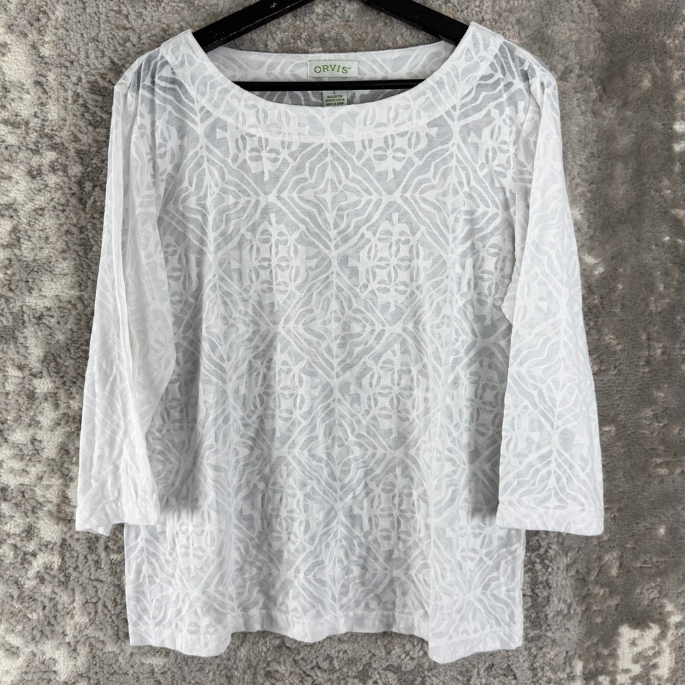 Orvis Size L Burnout Geometric Casual T-Shirt White 3/4 Sleeve Women